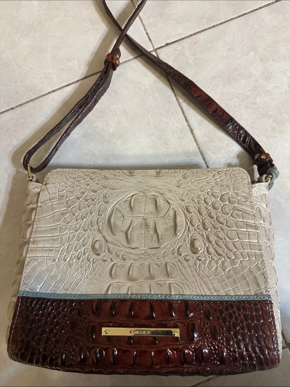 Brahmin Two-Tone Croc-Embossed Crossbody in Cream and Brown